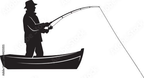 black silhouette of fisherman on white background, vector