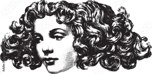 Stylized hair waves in black and white vector illustration. This set features detailed curly designs with classic beauty elements.