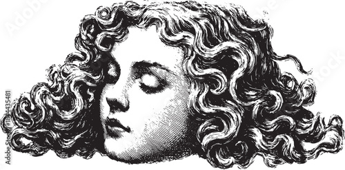 Curly hair waves in a vintage drawing style. Detailed black and white vector illustration showcasing a stylized head and hairstyle set.