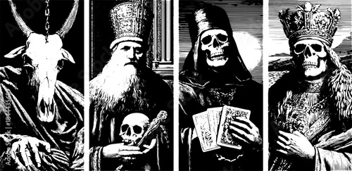 Skull and skeleton figures illustrated in a black and white set. Graphic vector illustration representing mystical and religious themes.