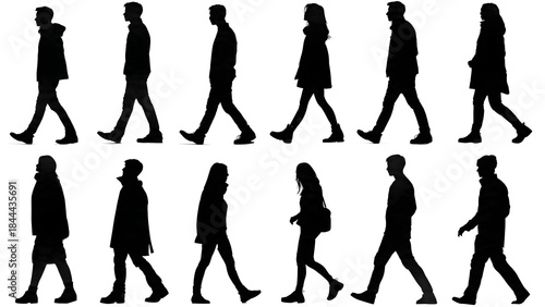 Set of Walking People Silhouettes on White Background