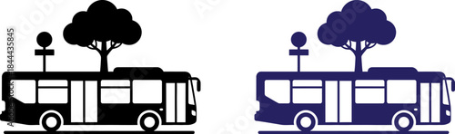 Vector illustration of buses and trees in black and blue color silhouettes