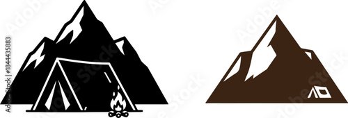 Camping mountain icons in black and brown colors
