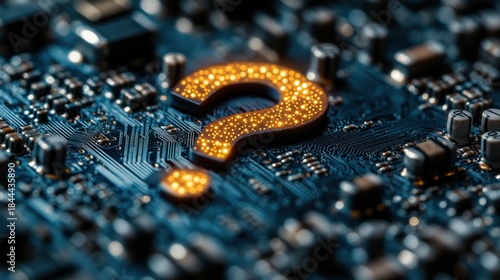Digital Mystery: Glowing Question Mark on Electronic Circuit Board