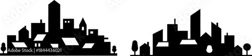City skyline silhouette with buildings and trees