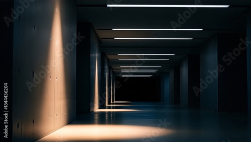 Dark, empty concrete tunnel with bright light beams and glowing ceiling lights.