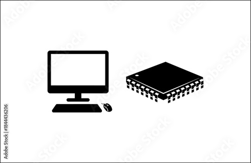 Black and white illustration of computer monitor and microchip
