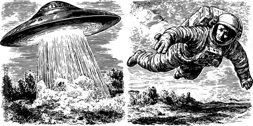 Engraving of an astronaut and UFO in vintage style. Black outline drawing of space elements in this vector illustration.