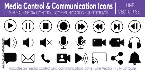 Media control and communication icon set for UI design
