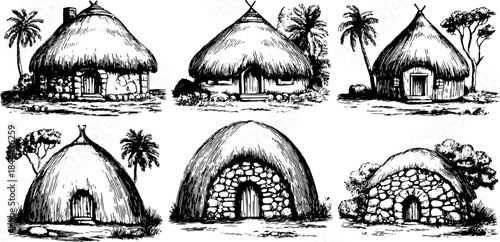 Huts and cottages with thatched roofs and stone walls. Black and white sketch illustration set featuring various styles of houses and trees.