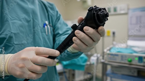 An individual in green medical garb, wearing gloves, holds a black endoscopic instrument in an operating room setting