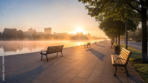 Serene Morning Sunrise Over a Foggy River with Empty Park Benches and City Skyline in the Distance.