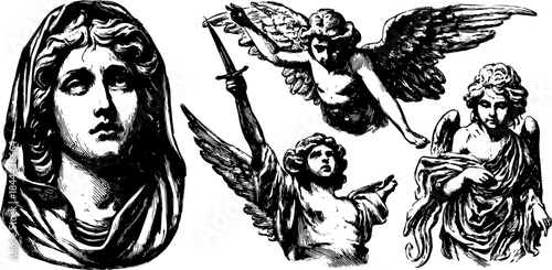 Vintage angel statues in black and white style. Detailed figures showcasing classical artistry in vector illustration set.