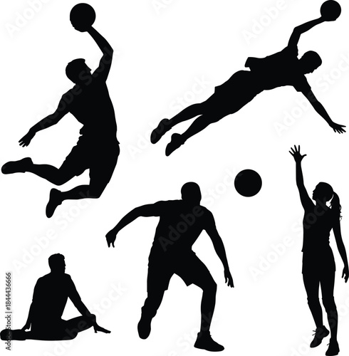 Black Basketball Player Silhouettes Set, Dynamic Action Poses of Jumping, Shooting, Dribbling, and Passing for Sports Event Banners and Team Logo Design