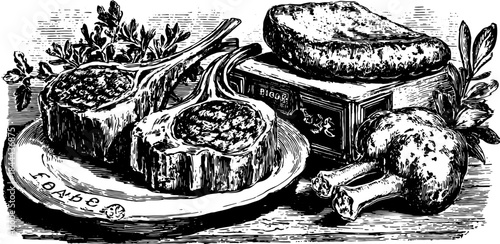 Vintage engraving of meat on a plate, beautifully hand-drawn. This vector illustration highlights a gourmet dining experience in an antique style.
