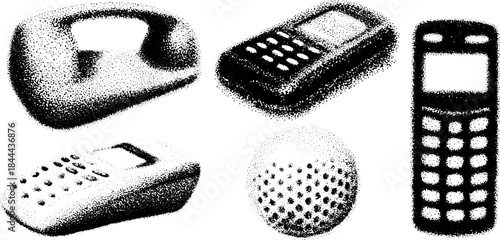 Vintage phones illustrated in a hand-drawn style. Collection of retro devices depicted in black outline, vector illustration.