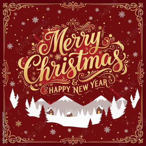 Fondo navideño elegante en rojo y dorado con tipografía de Merry Christmas y New Year, paisaje invernal, árboles, nieve y brillos dorados, ideal para tarjetas, banners y celebraciones festivas.
