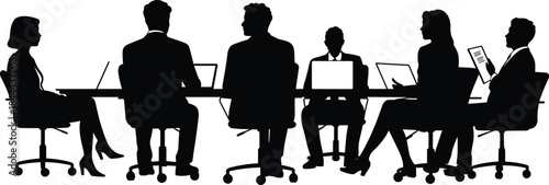 Black Business Meeting Silhouette Set, Professional People Sitting Around Conference Table with Laptops and Documents for Corporate Teamwork and Strategy Design