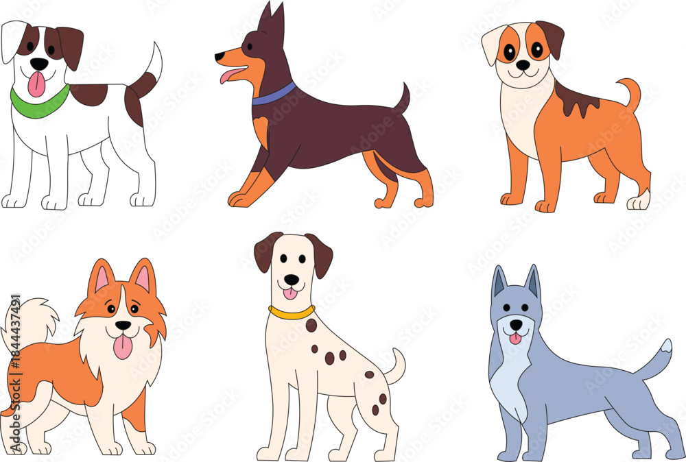 Obraz premium Cute Cartoon Dog Characters Set. Flat Style Pet Illustration Collection