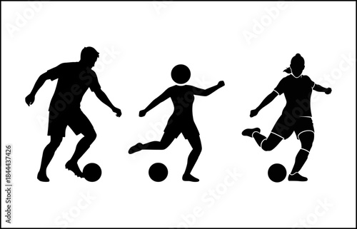 Three black silhouettes of soccer players kicking balls isolated on