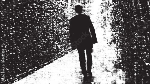 Silhouette of a man walking on a path. Black and white vector illustration with a focus on light and shadow contrasts, creating an abstract visual.