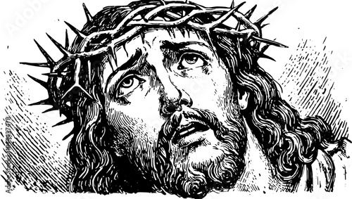 Jesus Christ with a crown of thorns, expressing anguish in a black and white vector illustration. A religious and historical portrayal set in classic style.