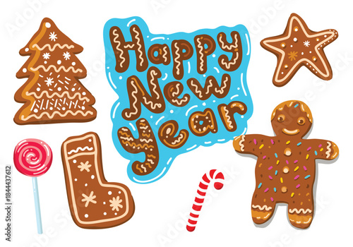 Christmas gingerbread cookies, happy new year text