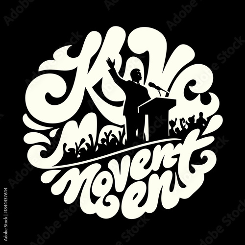 Silhouette of man at podium with crowd and stylized text