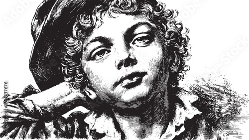 Vintage boy portrait in black and white. Detailed vector illustration showcasing facial features and outfit in an expressive style.