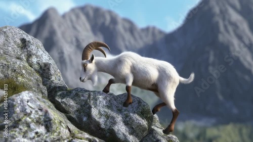 White Mountain Goat Standing on Rocky Outcrop With Greenery in a Mountainous Landscape with Blurred Background