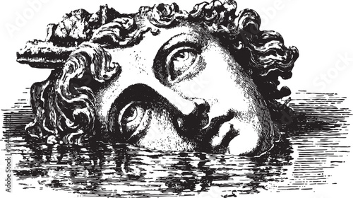 Engraved head in a vintage style. Black and white vector illustration with detailed texture, showcasing classic art and fine craftsmanship.