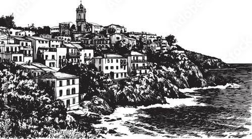 Illustration of a coastal village with houses on a cliff. Detailed vector scenery shows harmony with nature in black and white.
