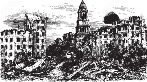 Ruined building in a black and white vector illustration. The piece showcases a destroyed cityscape with trees and a path in a vintage style.