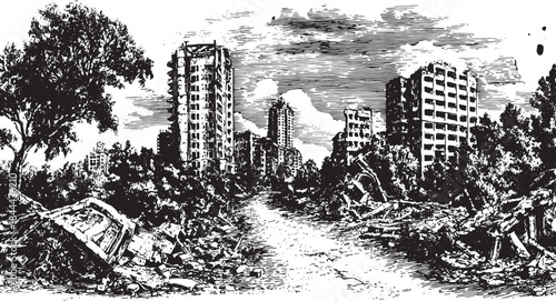 City ruins with abandoned buildings and overgrown nature. Detailed black and white vector illustration depicting destruction and a haunting landscape.