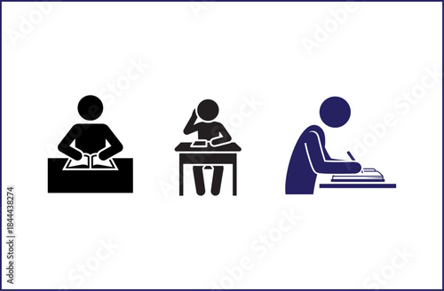 Three silhouettes of people sitting at desks working on papers and books in different poses and colors