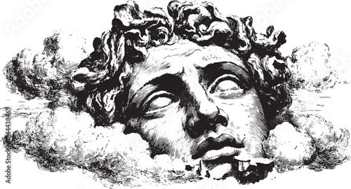 Surreal engraving of a face surrounded by clouds. Vintage monochrome vector illustration captures a detailed expression in artistic style.