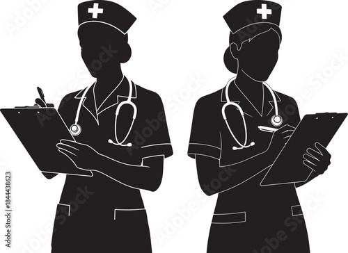 Two nurses in silhouette holding clipboards silhouette