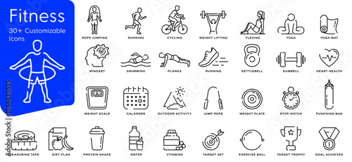 fitness workout icons on icon sheet with health, exercises, and wellness symbols. Vector set illustrations for user interface, app, website and ui design