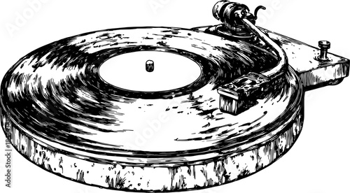 Vintage turntable engraving line drawing illustration in black and white. This vector artwork captures classic music equipment with detailed design.