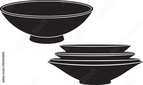 A minimalist black and white vector illustration of bowls for dining or kitchen use