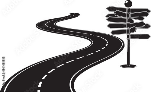 Conceptual illustration of a winding road and a complex signpost representing life choices