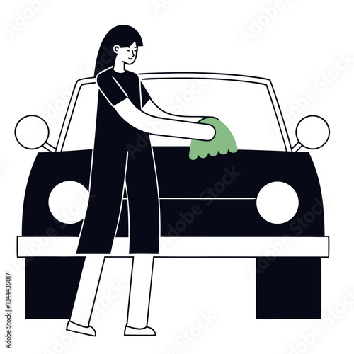 Woman with a focused expression washing a car with a cloth in a minimalistic style