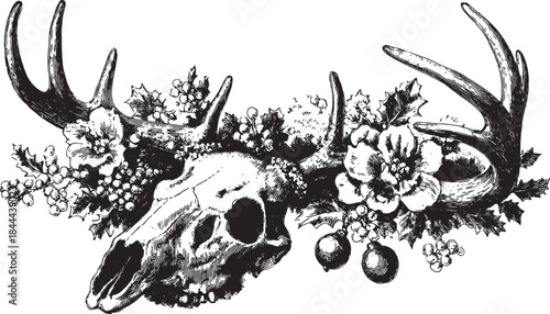 Reindeer antlers with floral elements and a skull in vintage black and white vector illustration. This detailed design represents nature and classic decor.