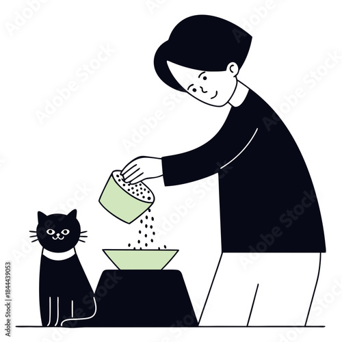 Child feeds a cat, joyful, caring moment on a plain background

