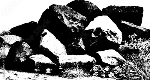Black and white outline illustration of rocks and grass. Vintage engraving style depicting a natural stone formation in a scenic landscape vector.