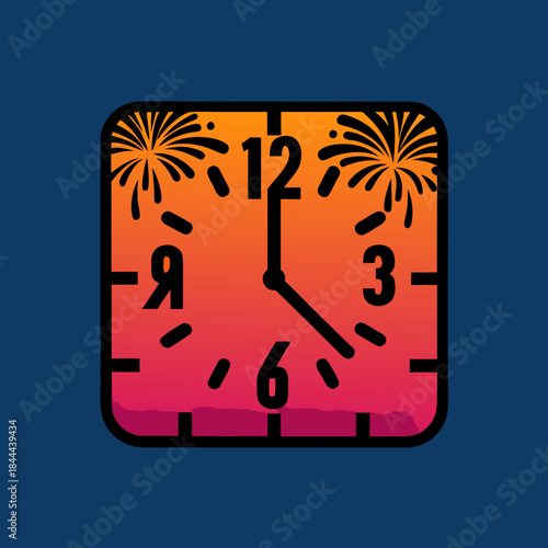 Square clock face with gradient and fireworks midnight