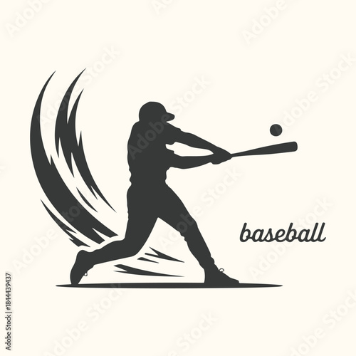Baseball Player Silhouette Swinging Bat At Ball With Stylized Motion Waves baseball