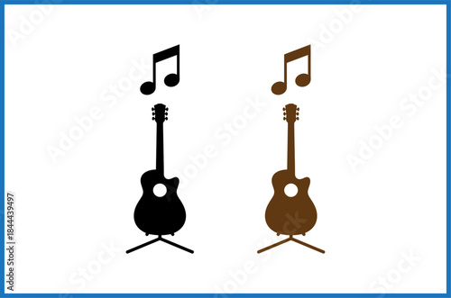 Two guitars with music notes on in black and brown