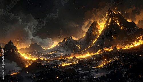 Epic digital art depicting fiery mountain range under a dark, dramatic sky. Lava glows against stone peaks, and the scene is filled with burning debris