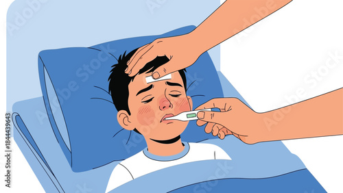 boy lying in bed with a thermometer in his mouth and hand on forehead